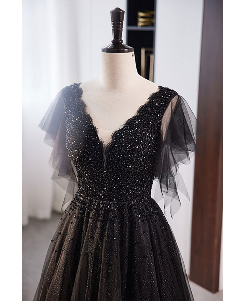 Unique and elegant black beaded sequin short sleeved ball dress with black A-shaped princess V-neck backless strap and floor length evening dress