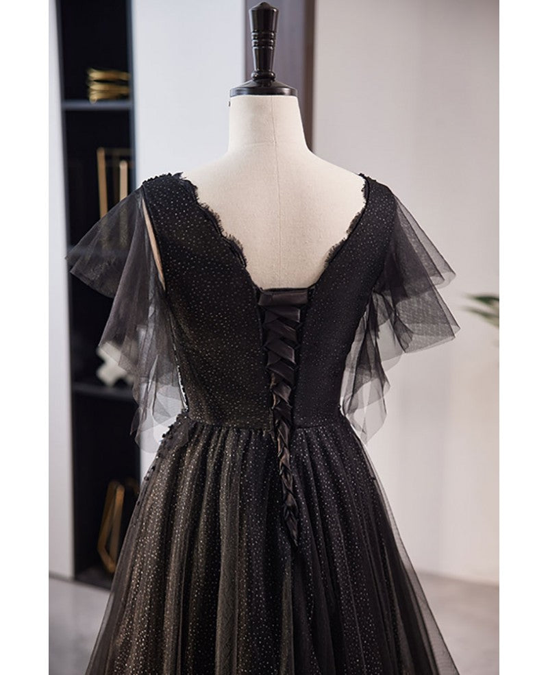 Unique and elegant black beaded sequin short sleeved ball dress with black A-shaped princess V-neck backless strap and floor length evening dress