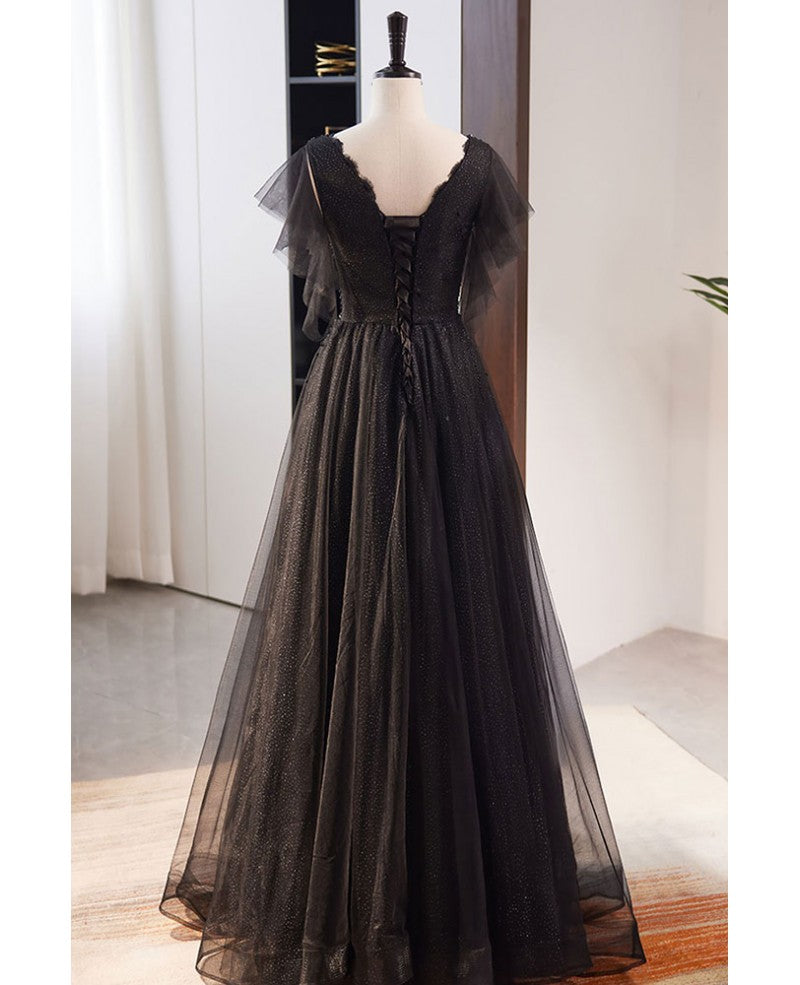 Unique and elegant black beaded sequin short sleeved ball dress with black A-shaped princess V-neck backless strap and floor length evening dress