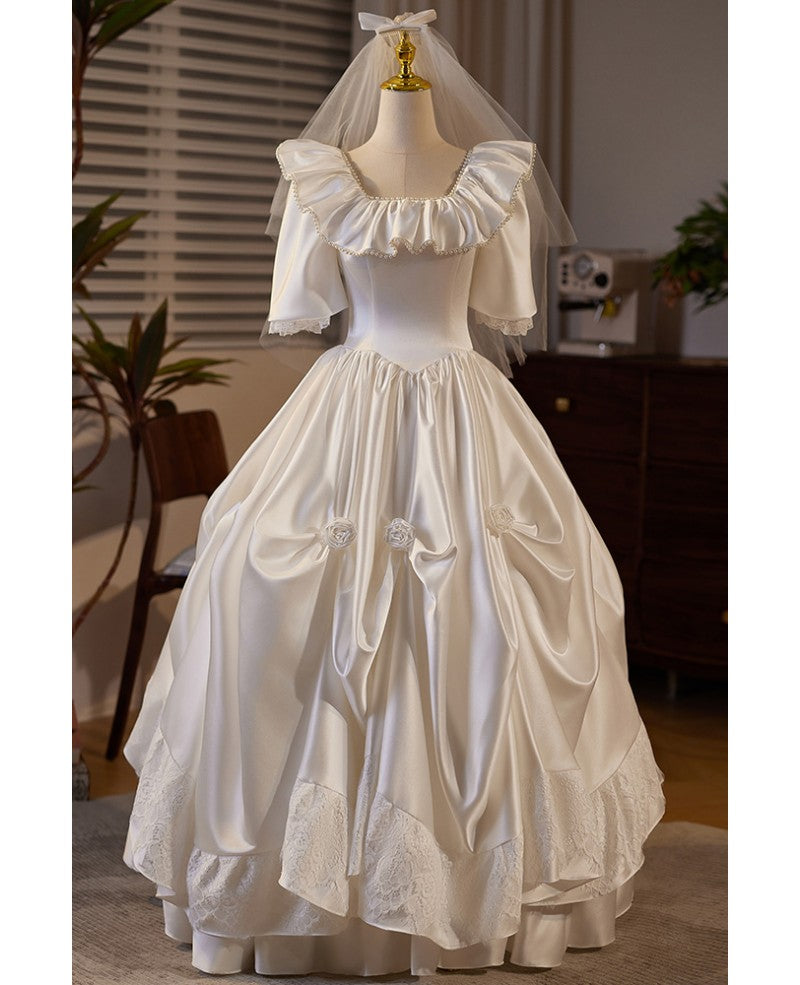 Vintage ivory pearl square neck fluffy short sleeved satin wedding dress, ivory A-shaped waistband, backless and ground length wedding dress