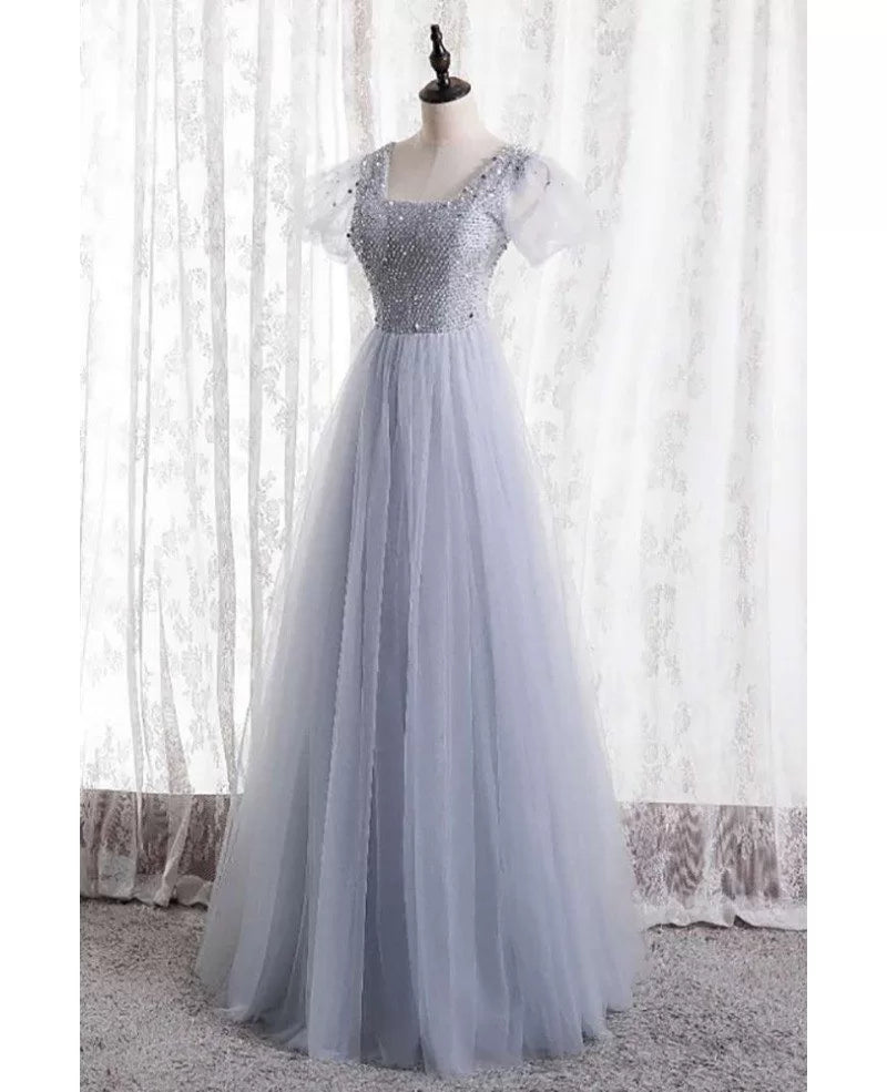 Charming silver beaded sequin square neck sleeve ball dress, silver A-line backless and floor length prom dress
