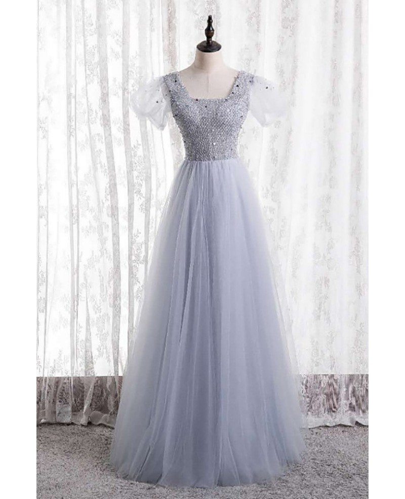 Charming silver beaded sequin square neck sleeve ball dress, silver A-line backless and floor length prom dress