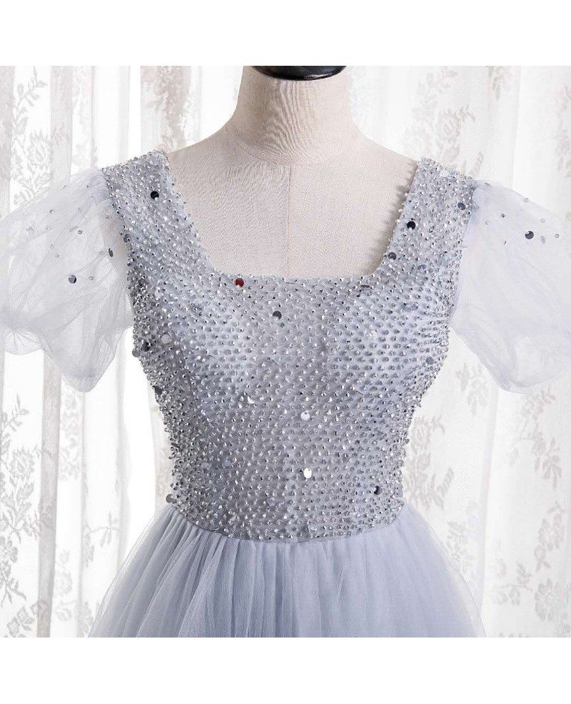 Charming silver beaded sequin square neck sleeve ball dress, silver A-line backless and floor length prom dress