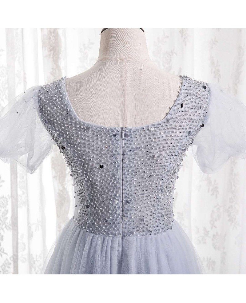 Charming silver beaded sequin square neck sleeve ball dress, silver A-line backless and floor length prom dress