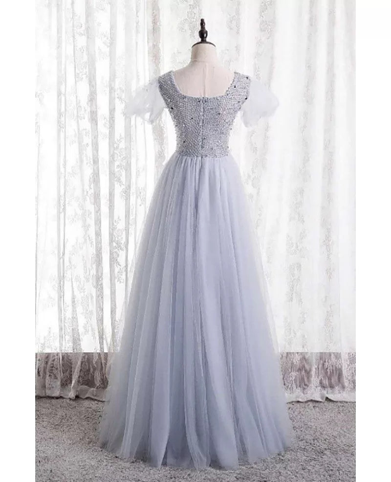 Charming silver beaded sequin square neck sleeve ball dress, silver A-line backless and floor length prom dress