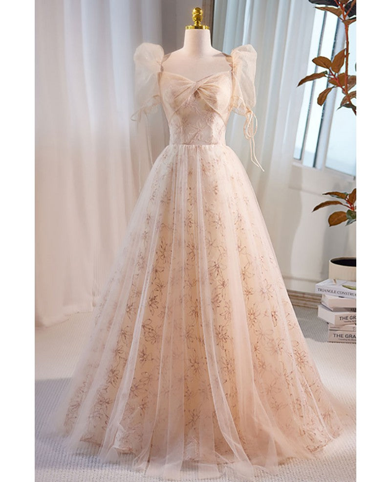 Unique/beautiful champagne sequin fluffy short sleeved off shoulder ball dress champagne princess square neckline backless and floor length prom dress