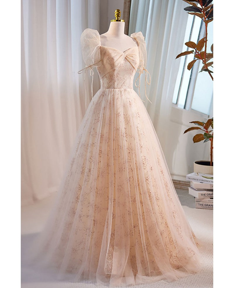 Unique/beautiful champagne sequin fluffy short sleeved off shoulder ball dress champagne princess square neckline backless and floor length prom dress