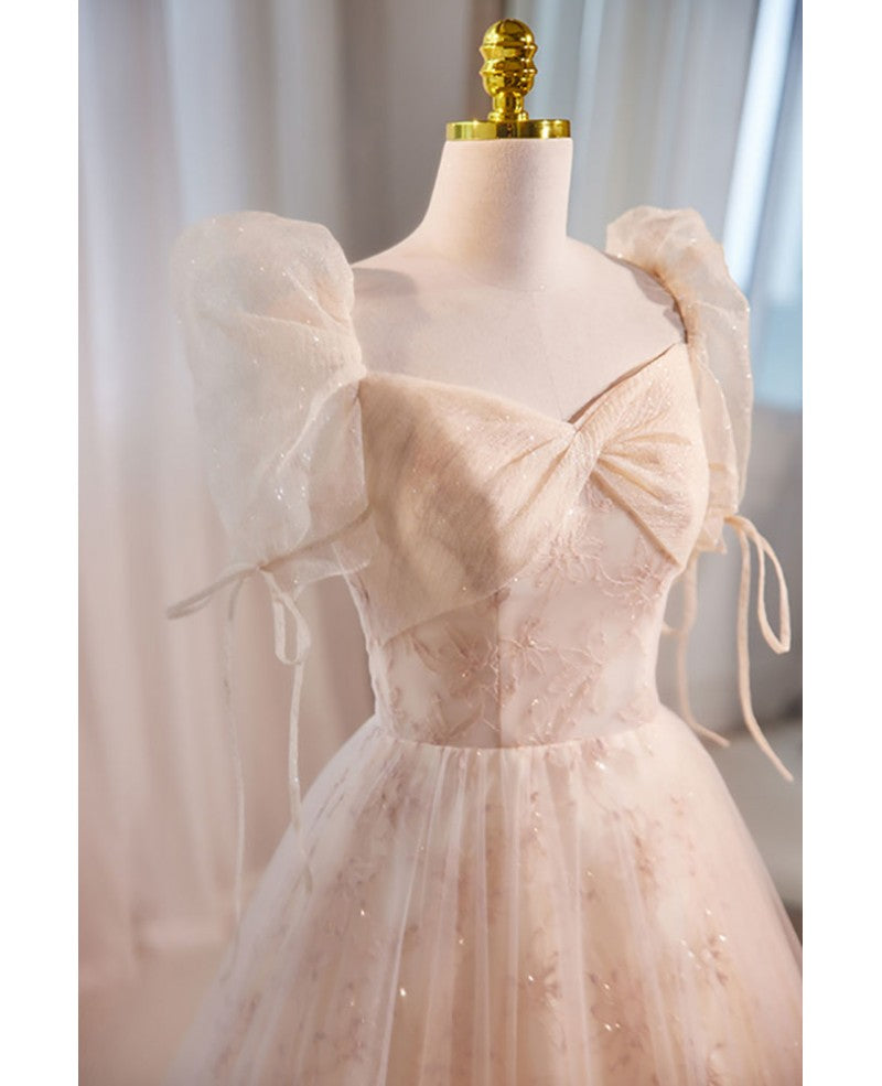 Unique/beautiful champagne sequin fluffy short sleeved off shoulder ball dress champagne princess square neckline backless and floor length prom dress