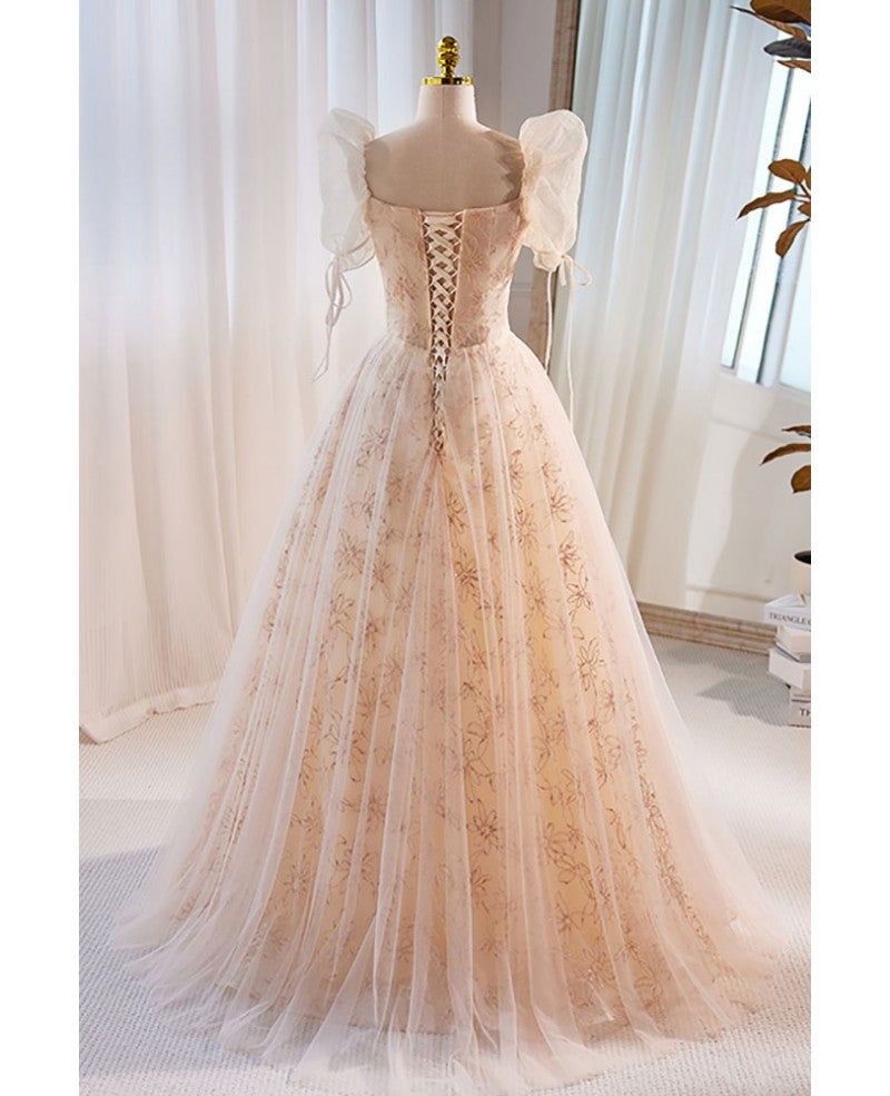Unique/beautiful champagne sequin fluffy short sleeved off shoulder ball dress champagne princess square neckline backless and floor length prom dress