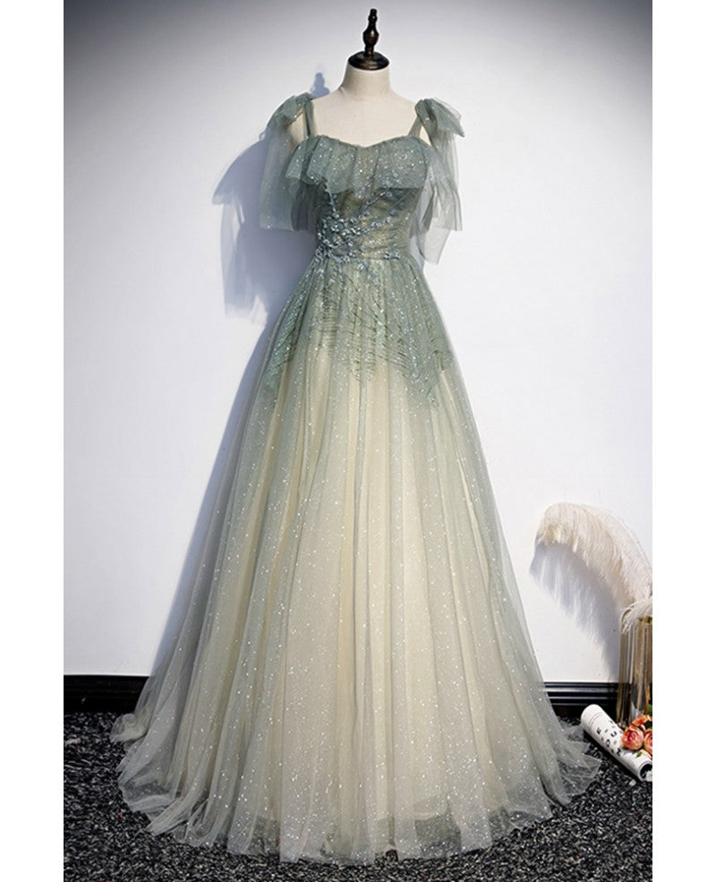 Romantisches graugrünes ärmelloses Abendkleid mit Perlen und Pailletten an den Schultern, graugrünes rückenfreies Prinzessinnen-Abendkleid mit Rüschenrand und bodenlangem Kleid