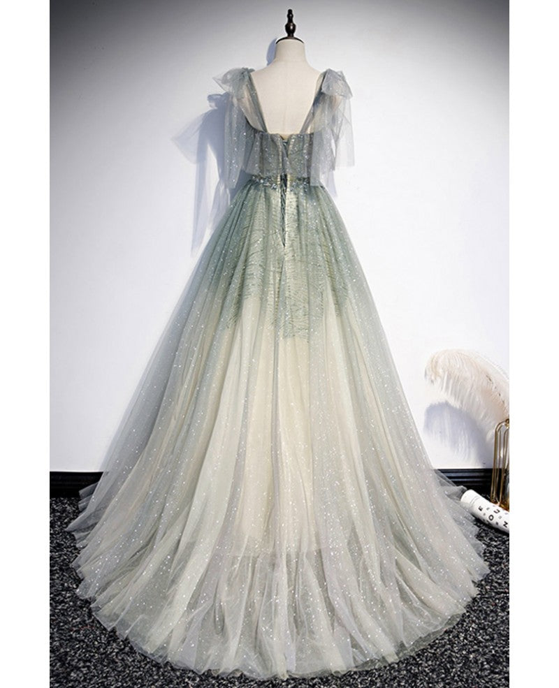 Romantisches graugrünes ärmelloses Abendkleid mit Perlen und Pailletten an den Schultern, graugrünes rückenfreies Prinzessinnen-Abendkleid mit Rüschenrand und bodenlangem Kleid