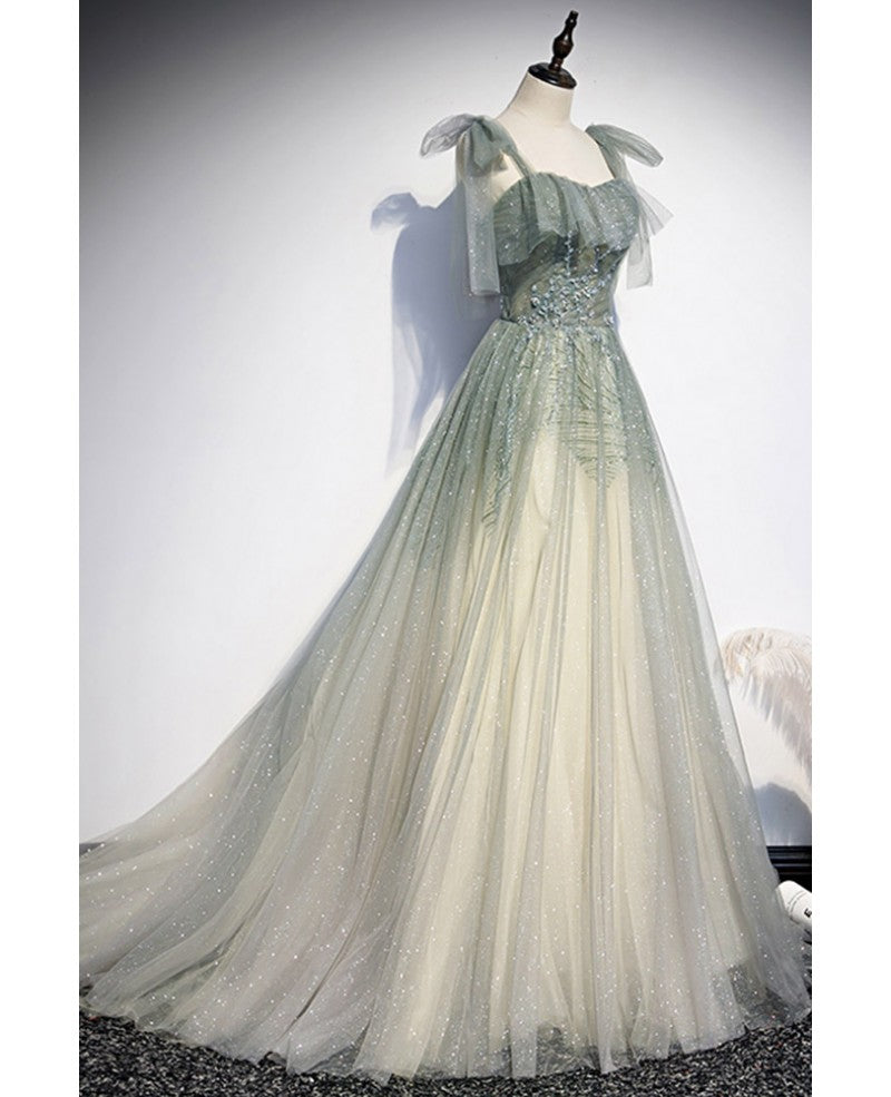 Romantisches graugrünes ärmelloses Abendkleid mit Perlen und Pailletten an den Schultern, graugrünes rückenfreies Prinzessinnen-Abendkleid mit Rüschenrand und bodenlangem Kleid