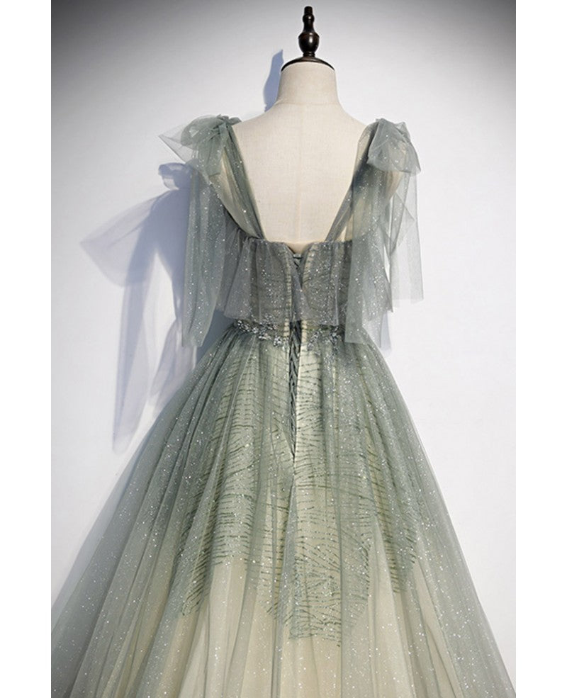 Romantisches graugrünes ärmelloses Abendkleid mit Perlen und Pailletten an den Schultern, graugrünes rückenfreies Prinzessinnen-Abendkleid mit Rüschenrand und bodenlangem Kleid