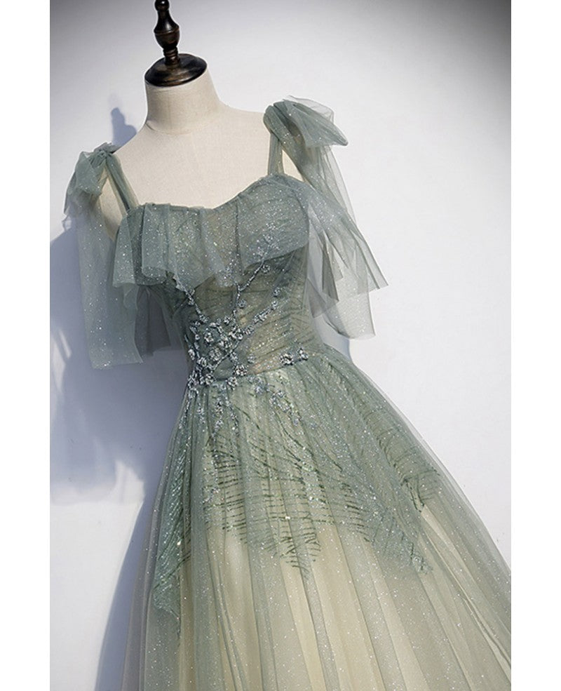 Romantisches graugrünes ärmelloses Abendkleid mit Perlen und Pailletten an den Schultern, graugrünes rückenfreies Prinzessinnen-Abendkleid mit Rüschenrand und bodenlangem Kleid