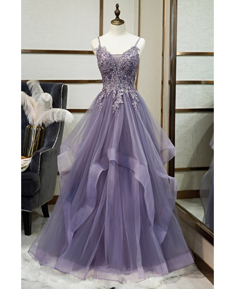 Elegant Lavender Sleeveless Beaded Crystal Sequin Lace Evening Dress Lavender A-line/Princess Shoulder Strap Off the Back and Floor Long/Long Prom Dress