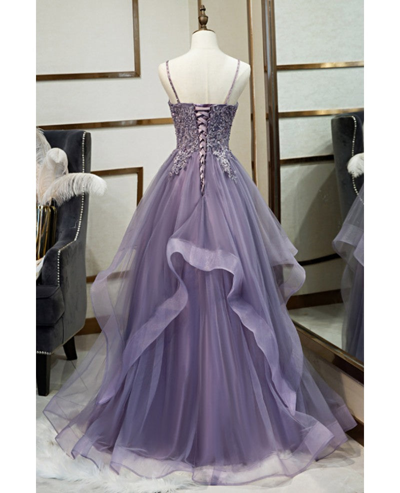 Elegant Lavender Sleeveless Beaded Crystal Sequin Lace Evening Dress Lavender A-line/Princess Shoulder Strap Off the Back and Floor Long/Long Prom Dress