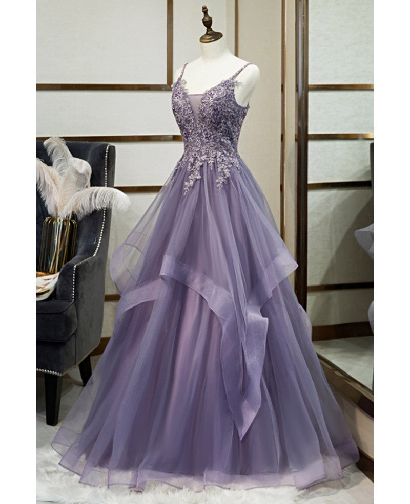 Elegant Lavender Sleeveless Beaded Crystal Sequin Lace Evening Dress Lavender A-line/Princess Shoulder Strap Off the Back and Floor Long/Long Prom Dress