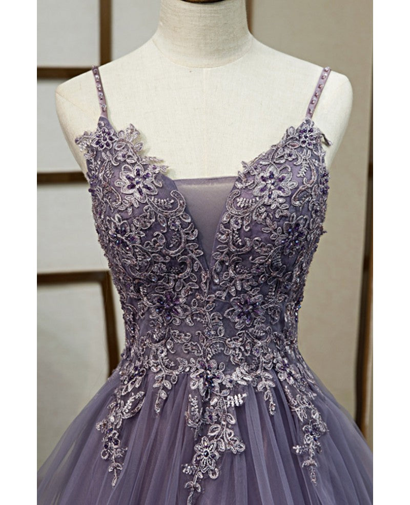 Elegant Lavender Sleeveless Beaded Crystal Sequin Lace Evening Dress Lavender A-line/Princess Shoulder Strap Off the Back and Floor Long/Long Prom Dress