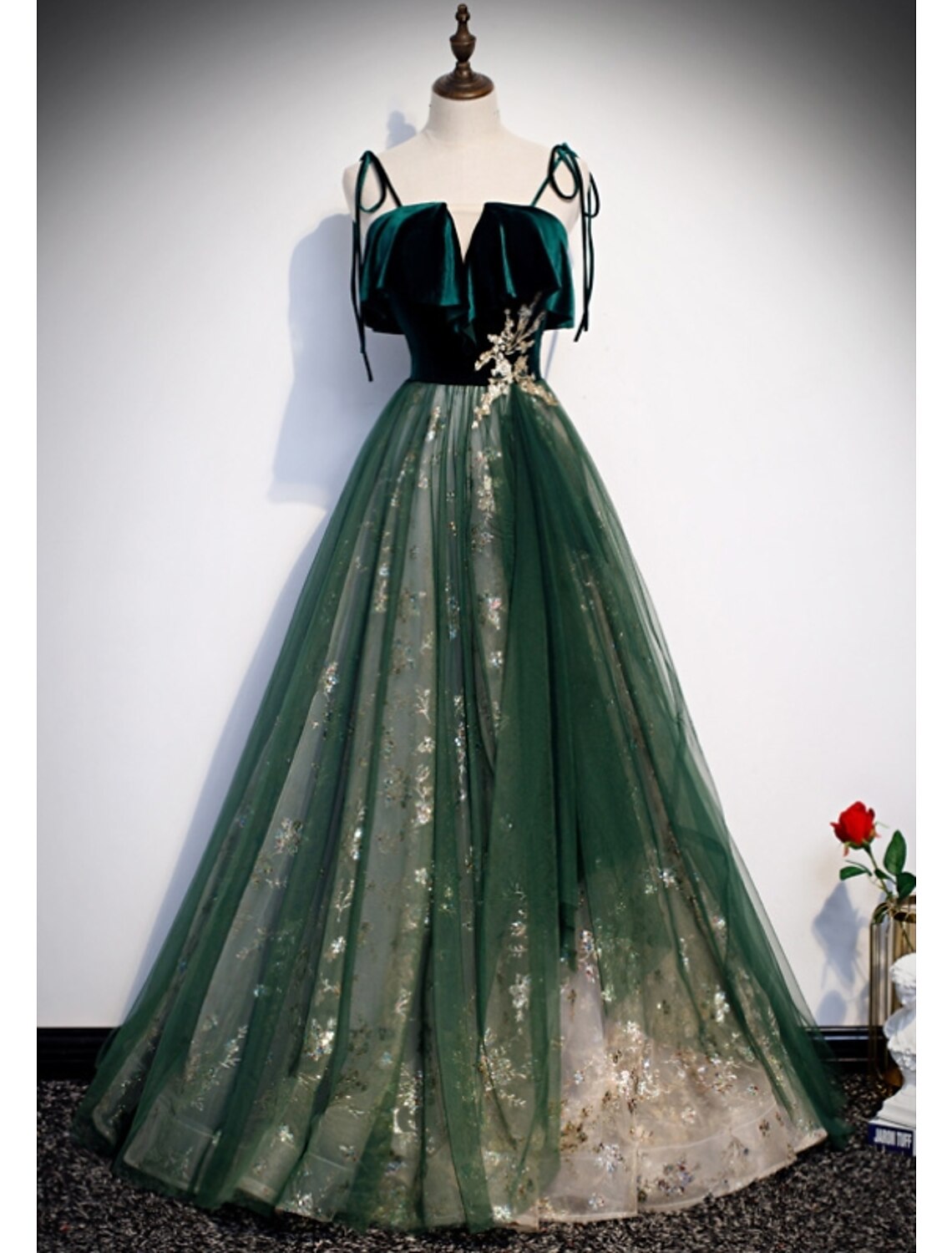 A-Line Prom Dresses Glittering Dress Wedding Guest Engagement Floor Length Sleeveless Spaghetti Strap Organza with Sequin