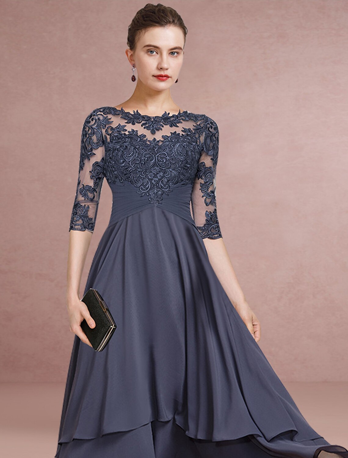 Etuikleid/Säulenkleid für die Brautmutter, Hochzeitsgast, Party, elegant, Rundhalsausschnitt, asymmetrisch, Chiffon, Spitze, halbe Ärmel mit Falten, einfarbig