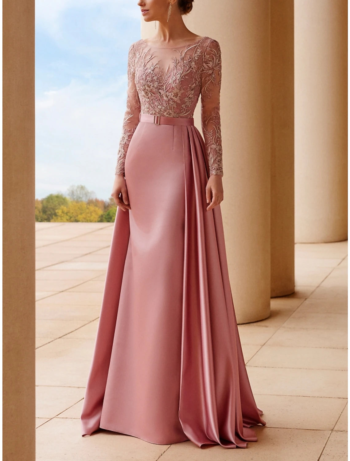 A-Linie Kleid für die Brautmutter, Hochzeitsgast, elegant, U-Ausschnitt, Schleppe/Pinselschleppe, Stretch-Satin, lange Ärmel mit Spitzenschärpe/Band, Rüschen