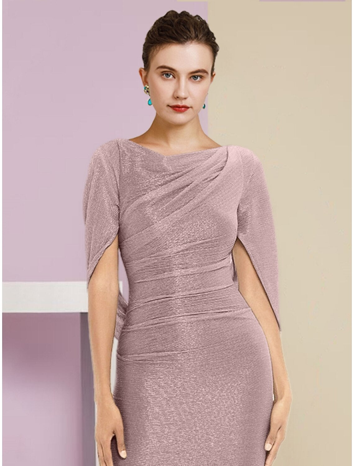 Meerjungfrau/Trompete Kleid für die Brautmutter, Hochzeitsgast, Glitzer und Glanz, elegant, Rundhalsausschnitt, knöchellang, Chiffon, halbe Ärmel, mit Pailletten, Rüschen, einfarbig