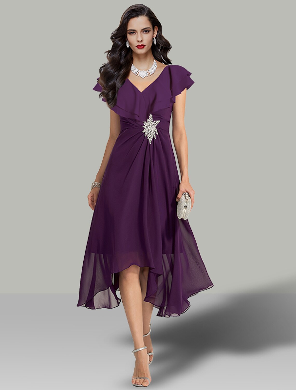 Robe de mariée trapèze élégante, robe de cocktail, robe de soirée, semi-formelle, longueur thé, manches courtes, col en V, mousseline de soie avec strass