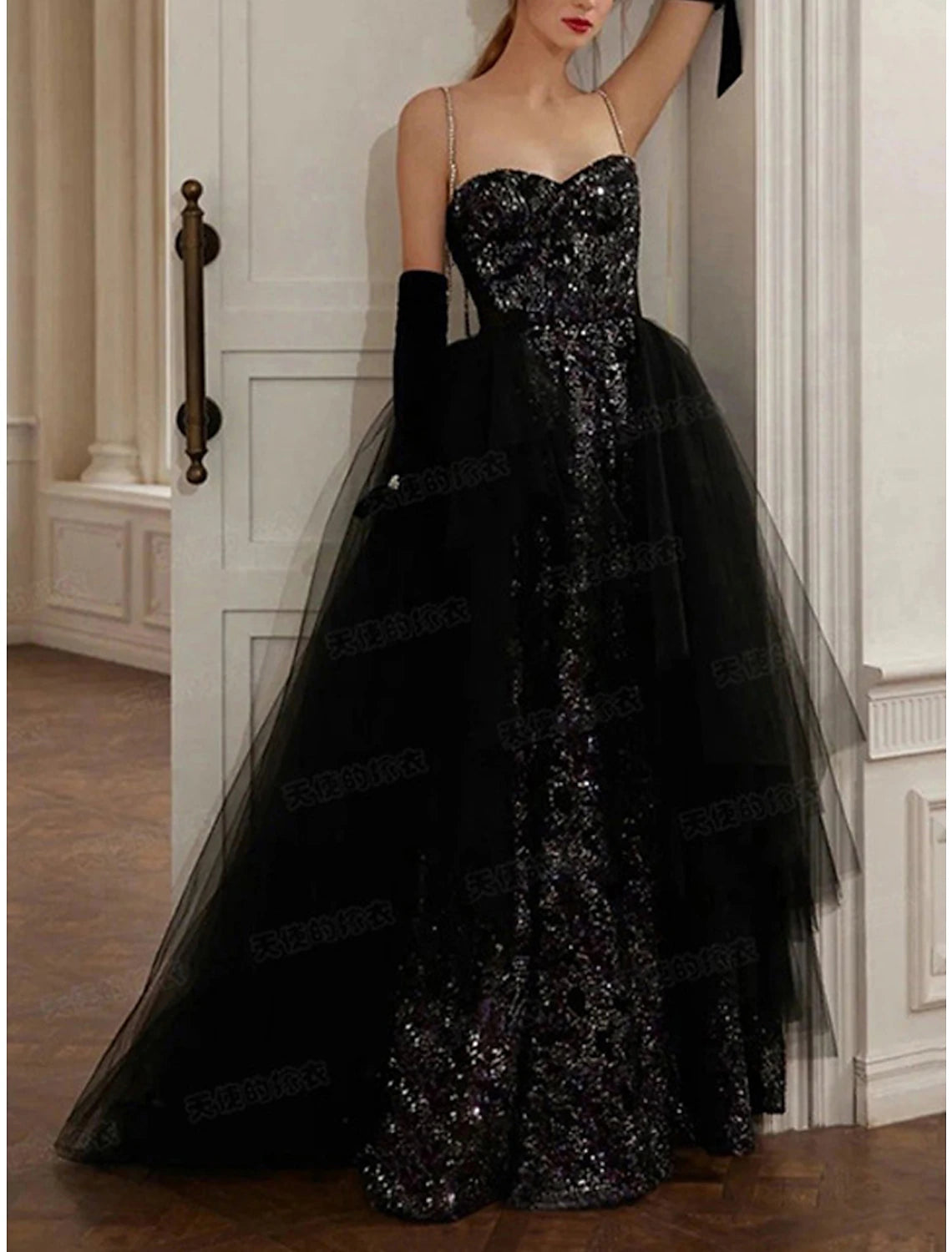 A-Linien-Abendkleid, schwarzes Kleid, Glitzer- und Glanzkleid, Abschlussball-Fotoshooting, bodenlang, ärmellos, trägerlos, mit Pailletten
