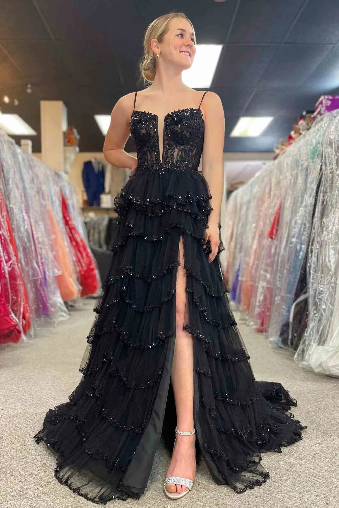 Black A‑Line Spaghetti‑Strap Deep‑V Open‑Back Floral‑Lace‑Beaded Ruffled‑Tulle High‑Slit Floor‑Length Prom Dress