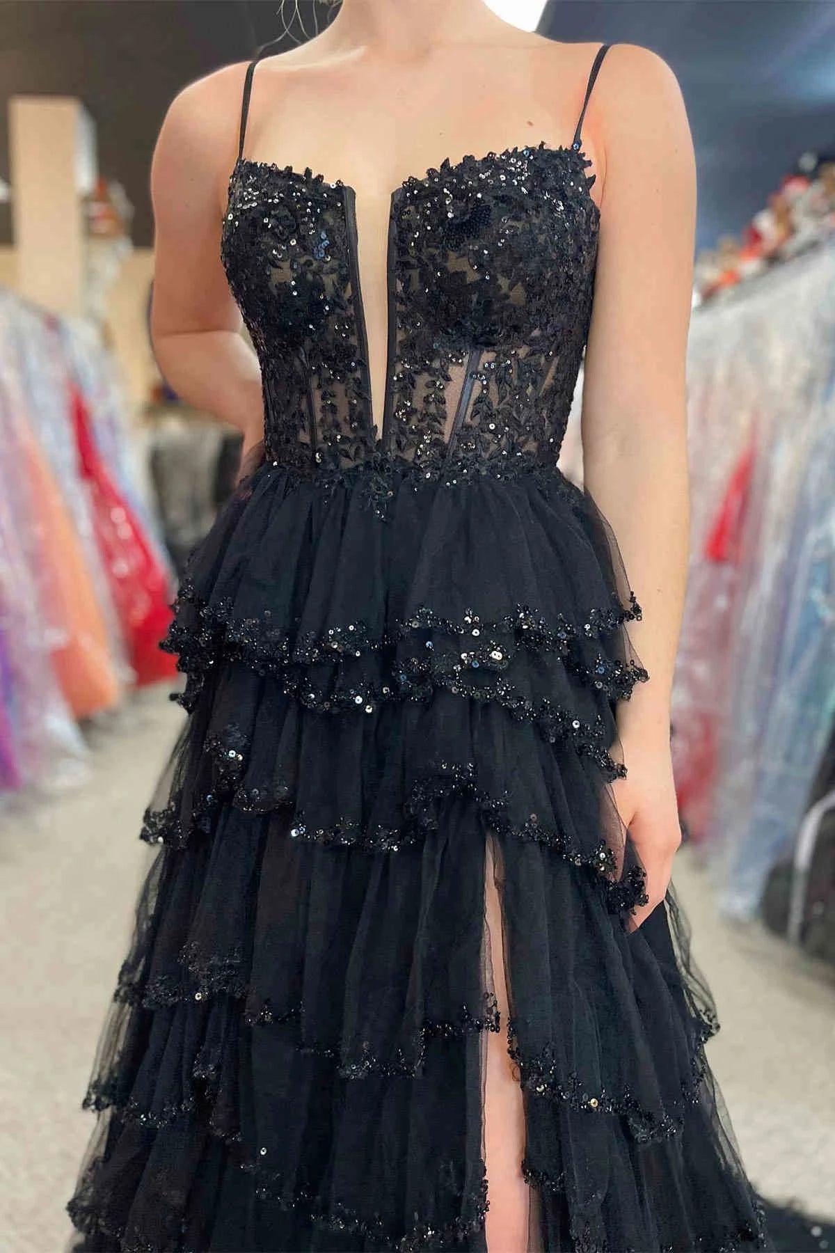 Black A‑Line Spaghetti‑Strap Deep‑V Open‑Back Floral‑Lace‑Beaded Ruffled‑Tulle High‑Slit Floor‑Length Prom Dress