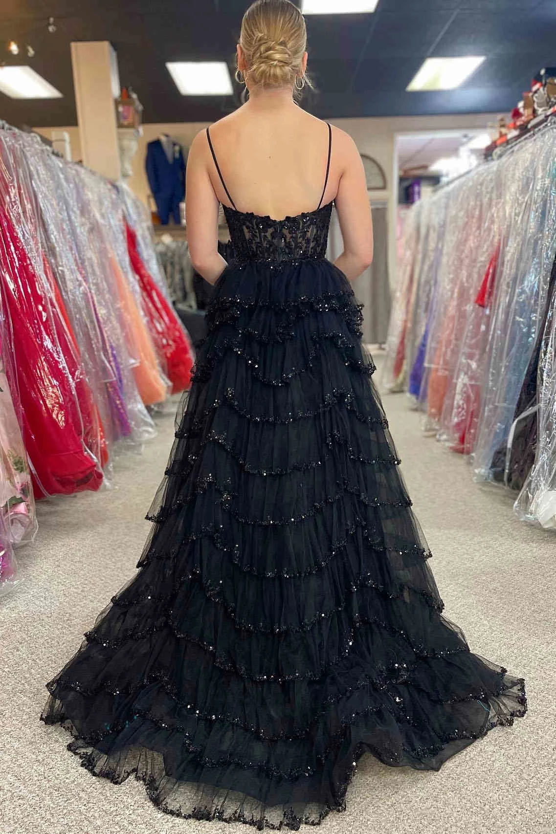 Black A‑Line Spaghetti‑Strap Deep‑V Open‑Back Floral‑Lace‑Beaded Ruffled‑Tulle High‑Slit Floor‑Length Prom Dress