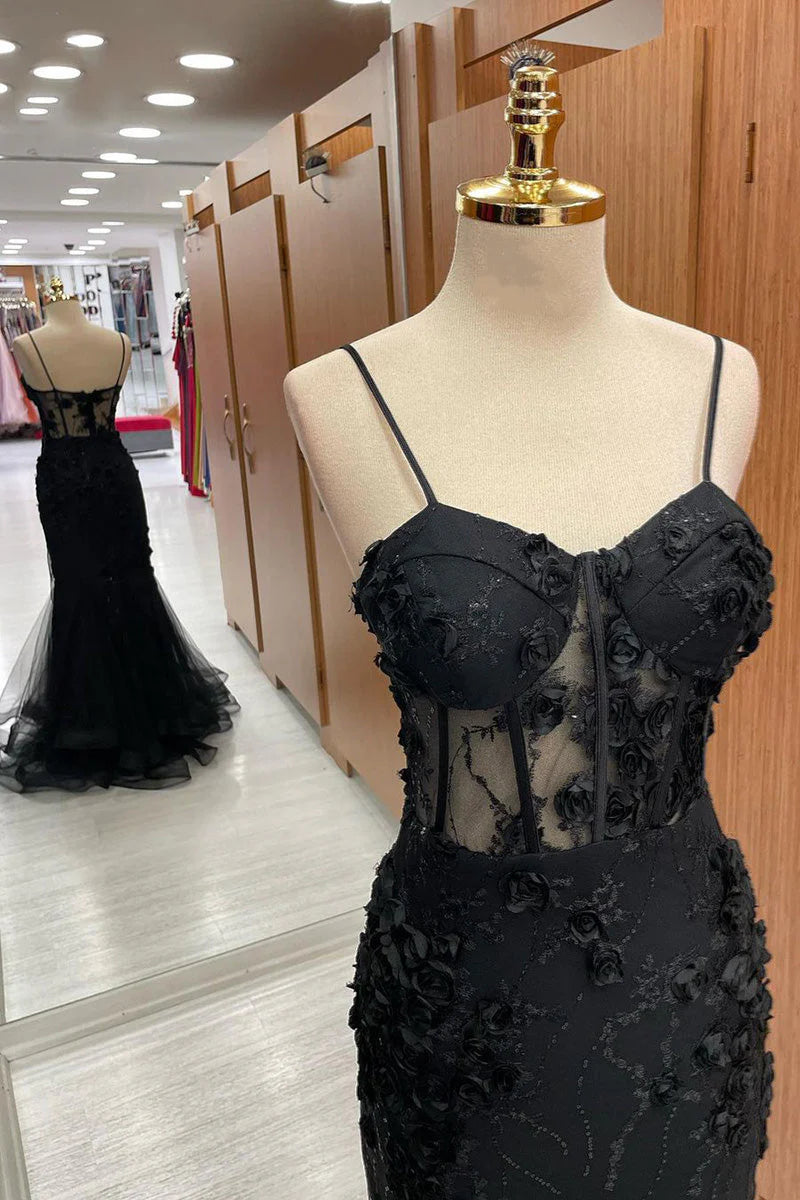 Black Mermaid Spaghetti‑Strap Sweetheart‑Neck Sheer‑Corset 3D‑Floral‑Applique Tulle Floor‑Length Prom Dress