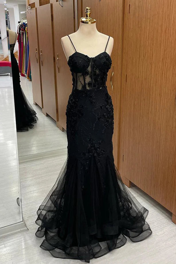 Black Mermaid Spaghetti‑Strap Sweetheart‑Neck Sheer‑Corset 3D‑Floral‑Applique Tulle Floor‑Length Prom Dress