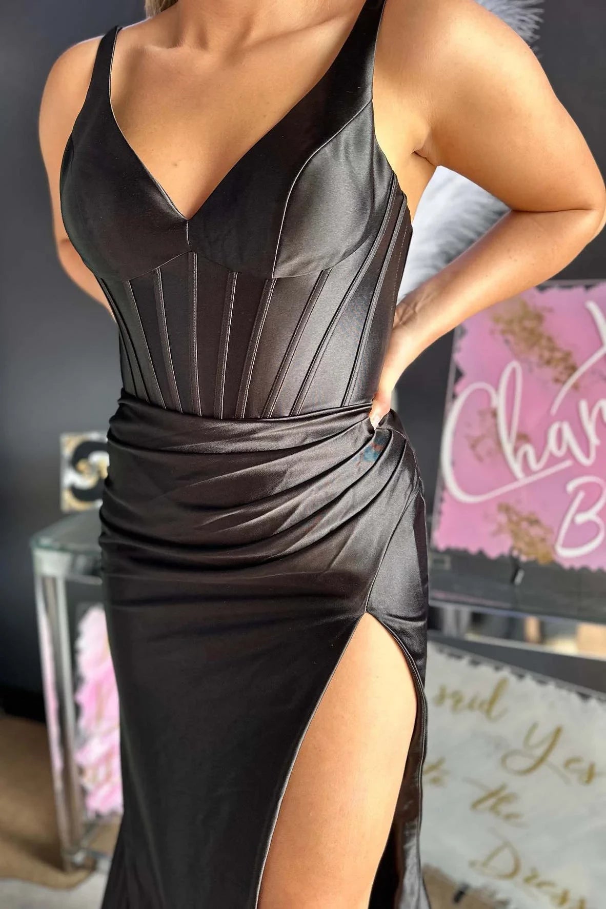 Black Mermaid Spaghetti‑Strap Deep‑V Corset‑Bodice Ruched‑Waist High‑Slit Floor‑Length Stretch‑Satin Prom Dress