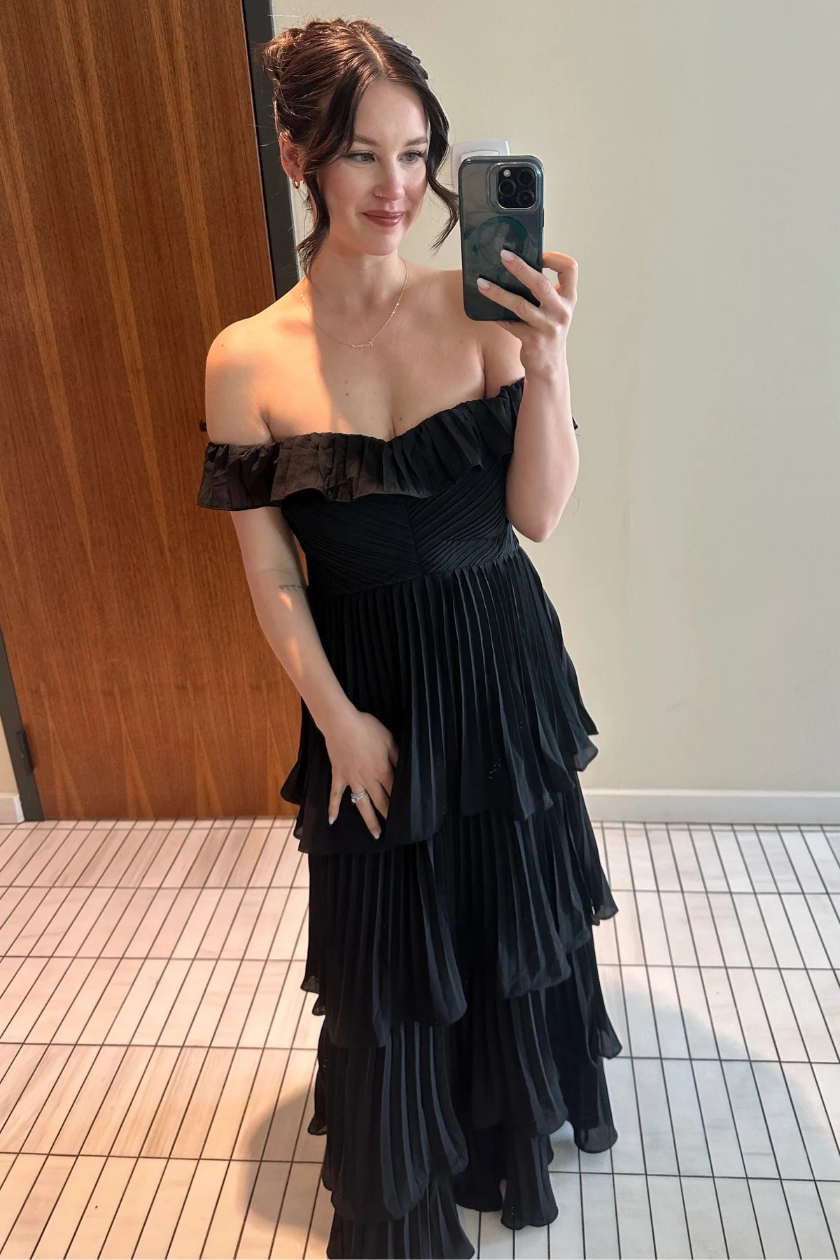 Black Off-the-Shoulder Tiered Pleated Ruffle Maxi Dress