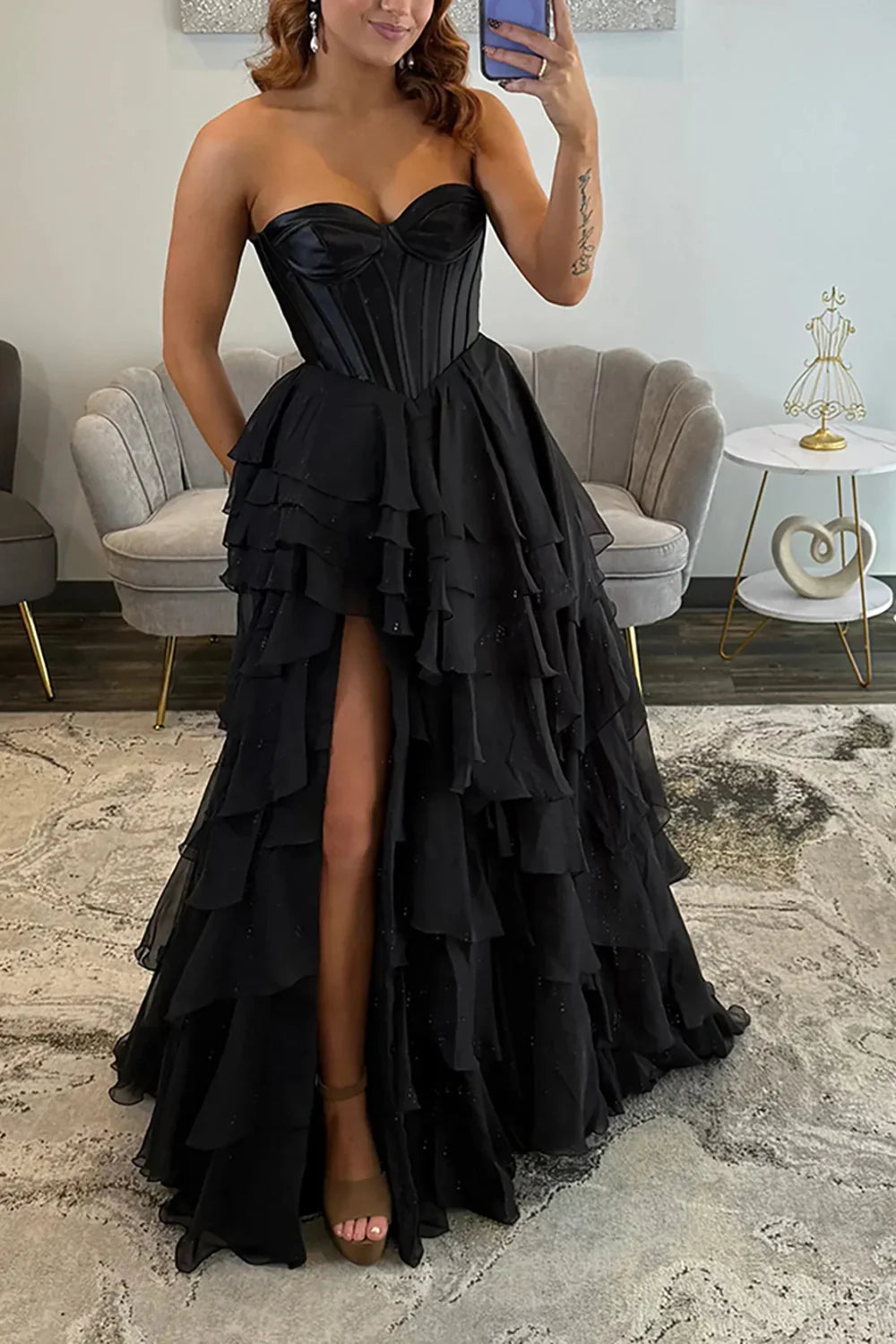 Black Tiered Strapless Corset-Back High-Slit Prom Dress