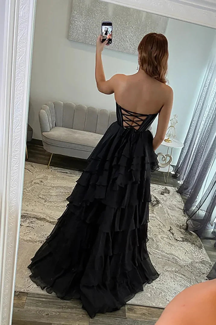 Black Tiered Strapless Corset-Back High-Slit Prom Dress
