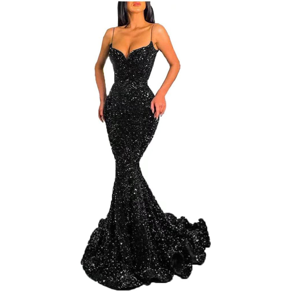 Pailletten-Meerjungfrauen-Ballkleid, funkelndes V-Ausschnitt-Ballkleid mit italienischen Nudelträgern