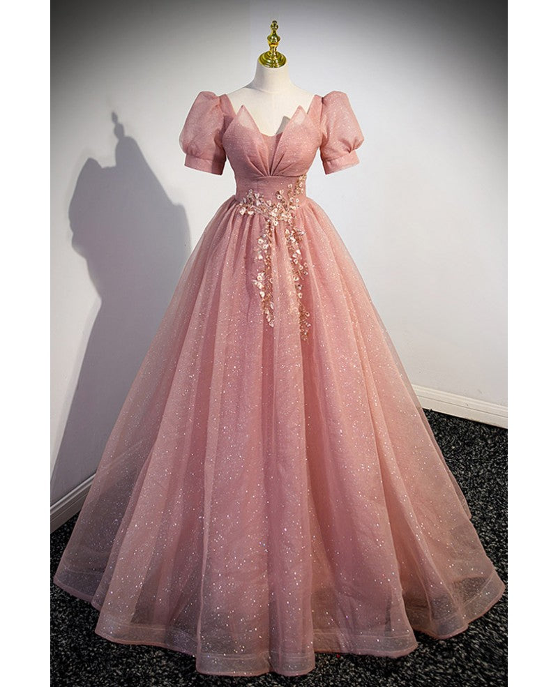 Edles und glänzendes rosa kurzärmliges besticktes bedrucktes Ballkleid mit rosa A-förmigem transparentem rückenfreiem Träger und bodenlangem Abendkleid