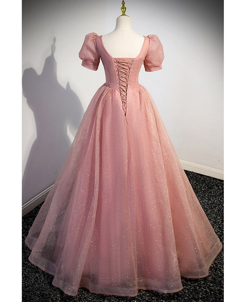 Edles und glänzendes rosa kurzärmliges besticktes bedrucktes Ballkleid mit rosa A-förmigem transparentem rückenfreiem Träger und bodenlangem Abendkleid