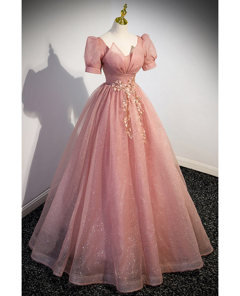 Edles und glänzendes rosa kurzärmliges besticktes bedrucktes Ballkleid mit rosa A-förmigem transparentem rückenfreiem Träger und bodenlangem Abendkleid
