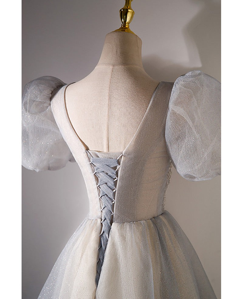 Charming silver gray fluffy short sleeved beaded sequin ball dress silver gray ball dress V-neck backless short evening dress