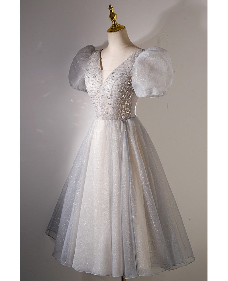 Charming silver gray fluffy short sleeved beaded sequin ball dress silver gray ball dress V-neck backless short evening dress