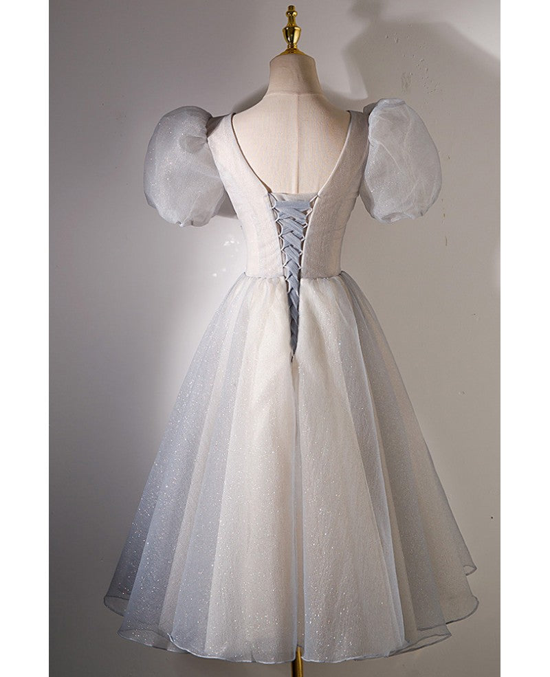 Charming silver gray fluffy short sleeved beaded sequin ball dress silver gray ball dress V-neck backless short evening dress