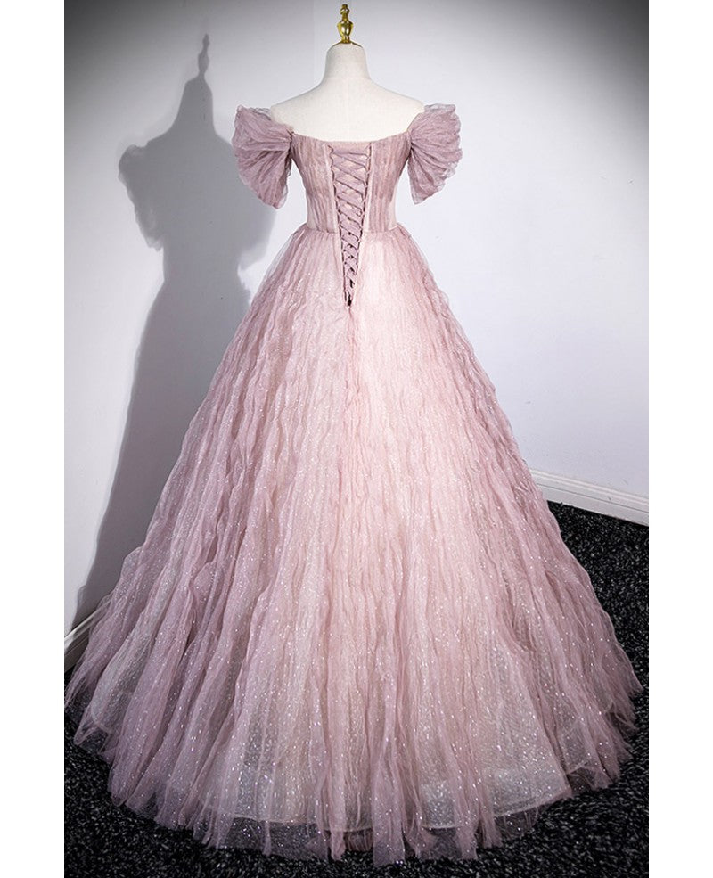 Robe de bal longue rose exquise à paillettes, épaules dénudées, autocollante en strass, manches courtes, dos nu, robe de bal rose transparente et longue au sol