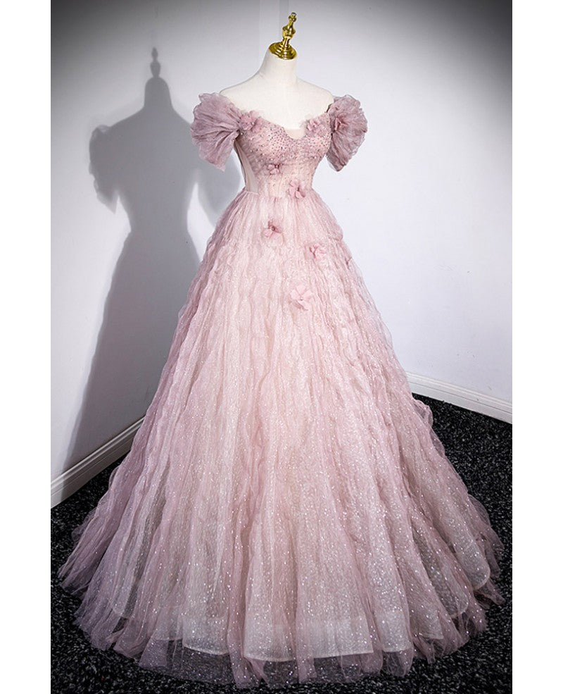Robe de soirée chic rose poudré à paillettes scintillantes, épaules dénudées, strass appliqués, manches courtes, robe de soirée rose poudré A-line/princesse, dos nu, bretelles et longueur au sol