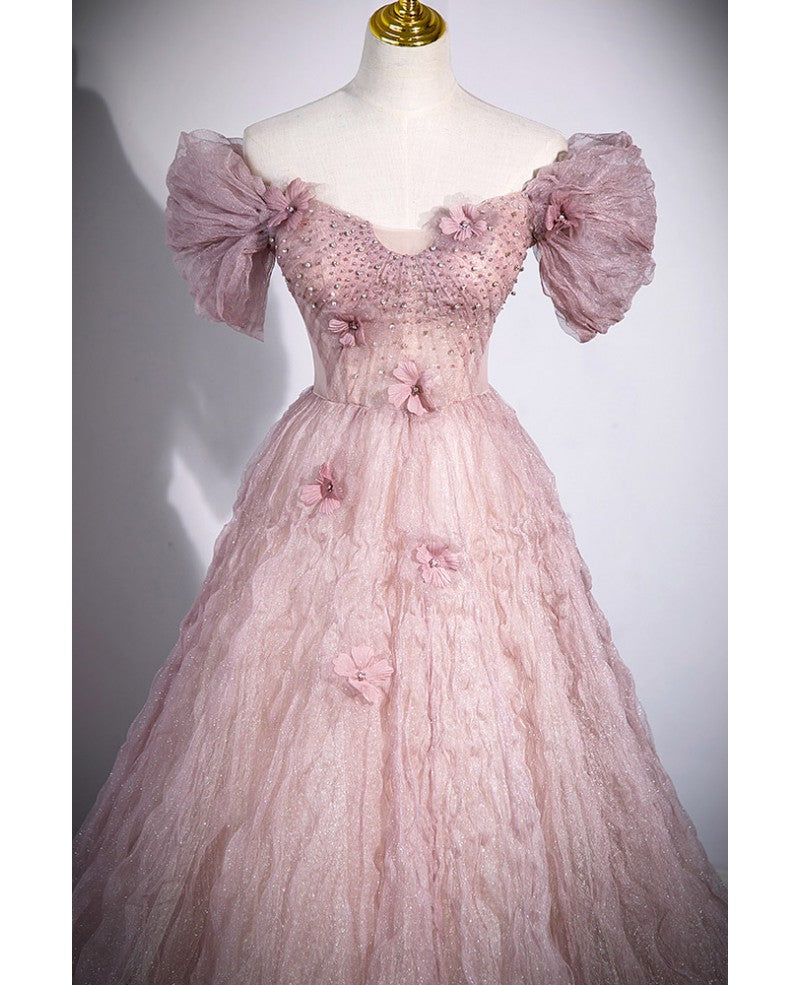 Robe de soirée chic rose poudré à paillettes scintillantes, épaules dénudées, strass appliqués, manches courtes, robe de soirée rose poudré A-line/princesse, dos nu, bretelles et longueur au sol