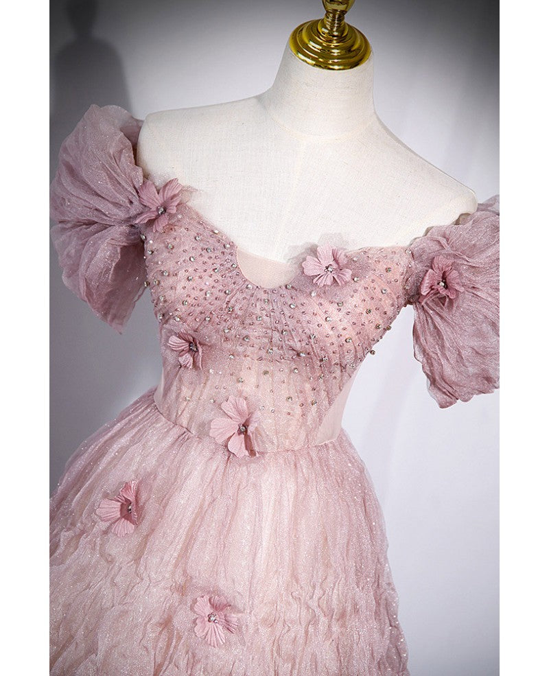 Robe de soirée chic rose poudré à paillettes scintillantes, épaules dénudées, strass appliqués, manches courtes, robe de soirée rose poudré A-line/princesse, dos nu, bretelles et longueur au sol