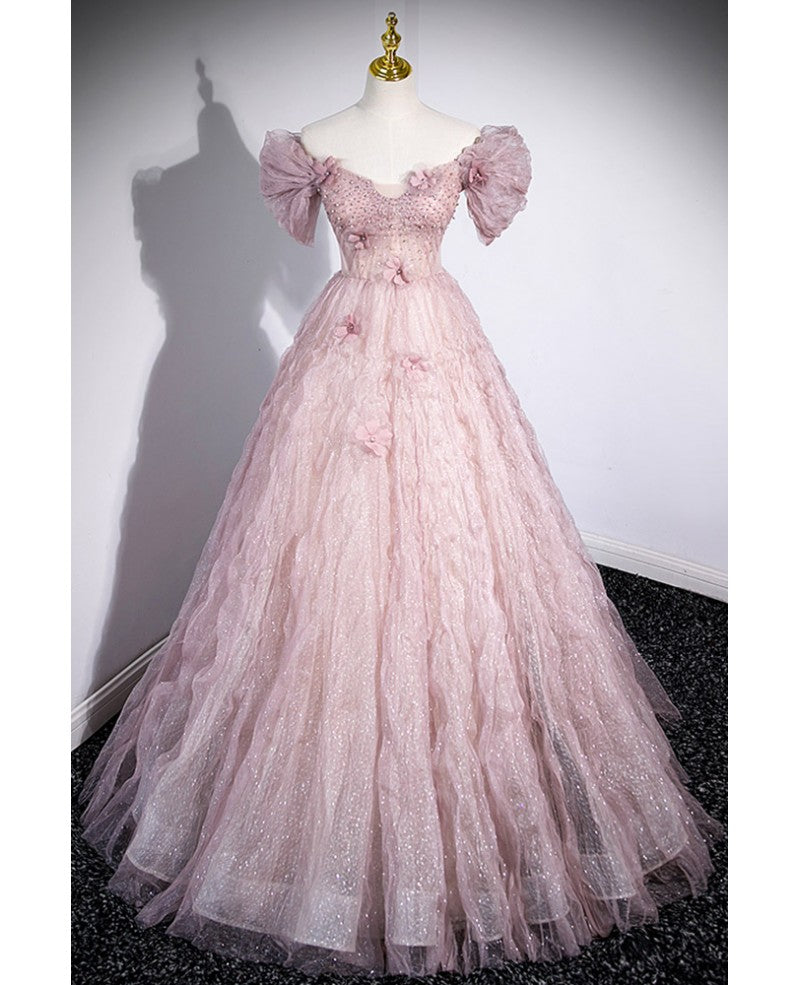 Robe de soirée chic rose poudré à paillettes scintillantes, épaules dénudées, strass appliqués, manches courtes, robe de soirée rose poudré A-line/princesse, dos nu, bretelles et longueur au sol