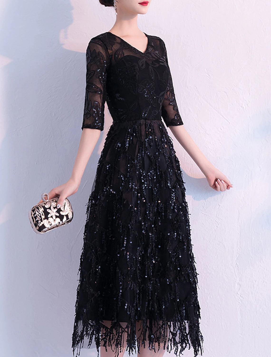 A-Line Prom Dresses Flapper Dress Party Wear Cocktail Party Tea Length Half Sleeve V Neck Lace with Fringe Sequin Tassel